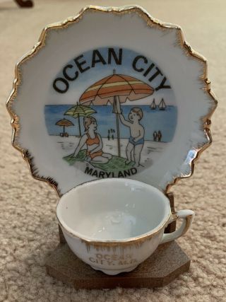 Vintage Ocean City Md Miniature Souvenir Cup And Saucer Set Vacation Travel