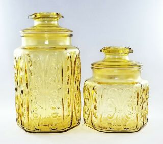 Vtg Imperial Glass Honey Amber Yellow Canister Atterbury Scroll Jar (set Of Two)