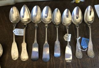8 American Coin Silver Serving Spoons Various Makers 11,  Ounces Scrap Or Not