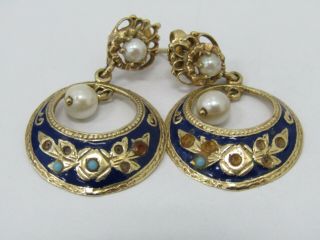 Antique Floral Etched 14k Yellow Gold Cobalt Blue Enamel Pearl Dangle Earrings