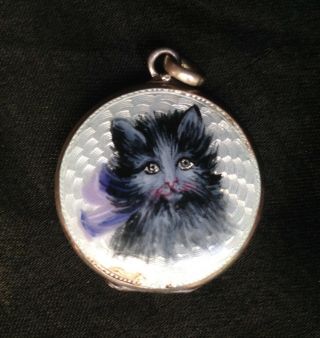 Fine Antique Silver Guilloche Enamel Cat Portrait Miniature Locket Pendant