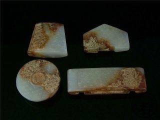 A Set Of Antique Old Chinese Celadon Nephrite Jade Carved Statue Netsuke Toggle