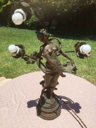 Tall Antique Figural Bronze Metal Lamp Woman & Birds “la Source” Paris,  France