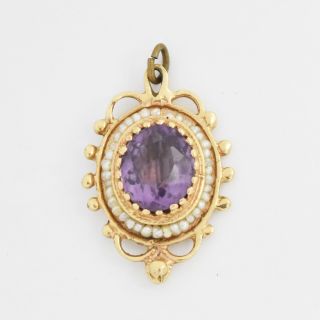 14k Yellow Gold Antique Ornate Oval Amethyst & Pearl Pendant