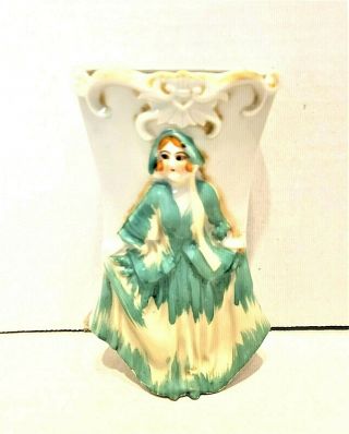 Vintage Porcelain Wall Pocket W Lady Of The Era Made In Japan
