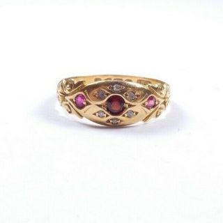 Antique Garnet Ruby Diamond Ring Edwardian 3 Stone Ring Size P