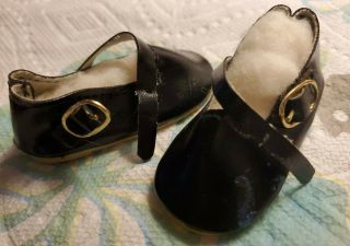 Vintage Mary Jane Olicloth Doll Shoes Black With Buckles,  3 " Long
