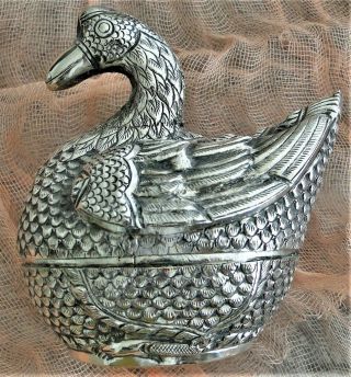 Antique Finely Detailed Solid 900 Silver Betel Nut Box Figural Duck Marked 1900