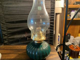 Vintage Antique Oil Lamp Brass & Glass Green