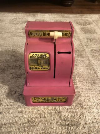 Vintage Pink Uncle Sam’s 3 Coin Cash Register Bank Made In Japan / Euc