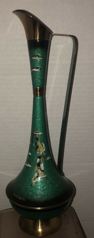Green Enamel Brass Ewer Pitcher Made In Israel 14” Tall Signed Vintage Mcm