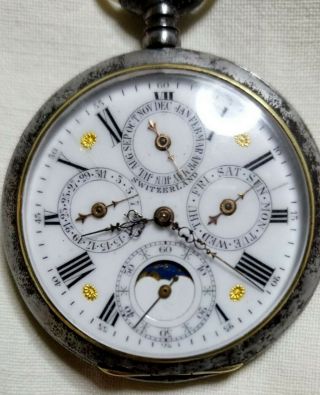 Antique JH Hasler Swiss Perpetual Calendar Moon Phase Pocket Watch 2