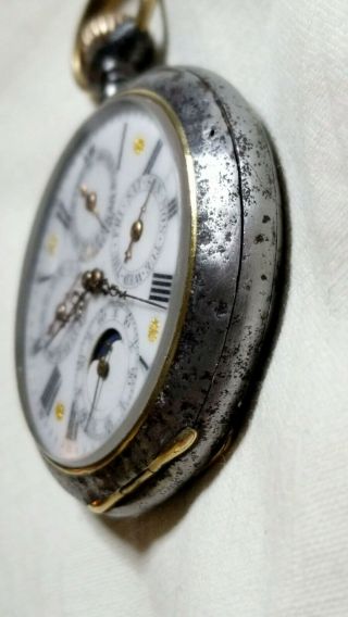 Antique JH Hasler Swiss Perpetual Calendar Moon Phase Pocket Watch 3