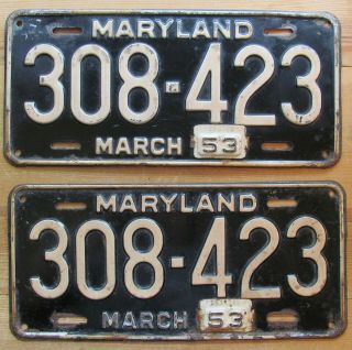 Maryland 1953 License Plate Pair 308 - 423