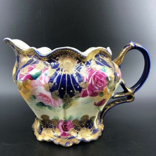 Antique Japanese Nippon Pitcher Heavy Gold Moriage Cobalt Blue Pink Roses 9”x5”