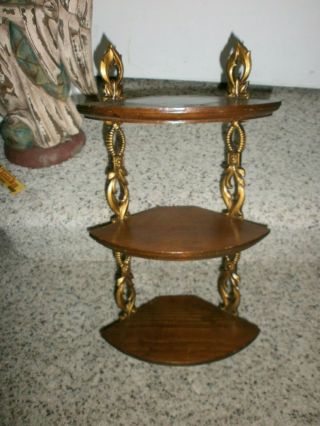Vintage Sexton Wood 3 Tier Wall Shelf With Gold Painted Metal Decorative Accents