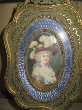 Antique French Bronze Hand Mirror Blue Guilloche Enamel Portrait Painting