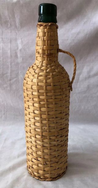 Vintage Wicker Wrap Covered Green Glass Wine Bottle With Handle