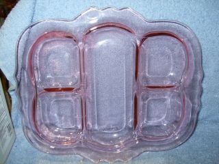 Vintage Pink Depression Glass Divided Serving Tray Dish With Handles