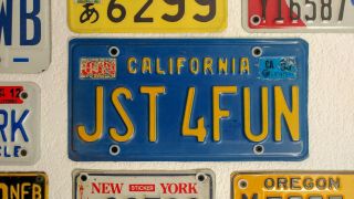 Vintage Blue California Vanity License Plate " Jst 4 Fun " Ca State Plate