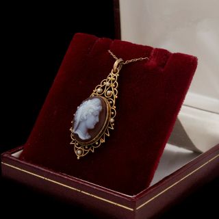 Antique Vintage Art Nouveau 14k Gold Etruscan Sardonyx Seed Pearl Cameo Necklace