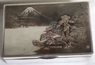 Fine Large Antique Meiji Sterling Silver Mixed Metals Scenic Box