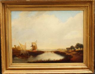Fine 19th Century Flemish School Windmill River Landscape Antique Oil Painting