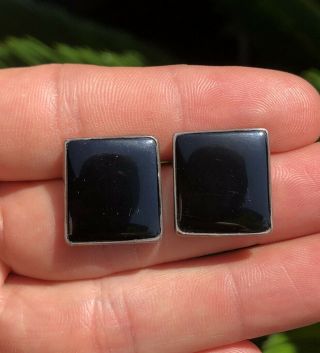 Vintage Taxco Modernist Mexico Square Sterling Silver & Onyx Pierced Earrings
