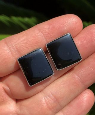 Vintage Taxco Modernist Mexico Square Sterling Silver & Onyx Pierced Earrings 2