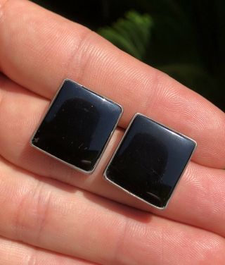 Vintage Taxco Modernist Mexico Square Sterling Silver & Onyx Pierced Earrings 3