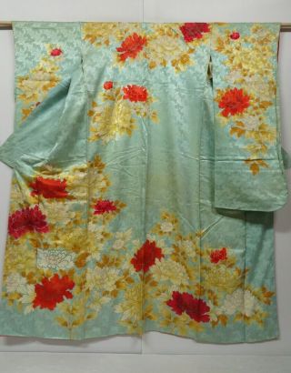 0826n07z930 Vintage Japanese Kimono Silk Furisode Light Blue - Green Peony