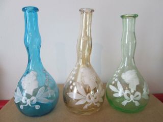 3 Antique Mary Gregory Decorated - Barber Bottles W/ Art Nouveau Women Heads 7