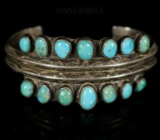Antique Navajo Natural Green Turquoise Coin Silver Fred Harvey Cuff Bracelet