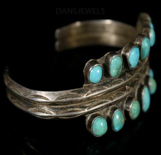 Antique NAVAJO Natural Green TURQUOISE Coin Silver FRED HARVEY Cuff BRACELET 2