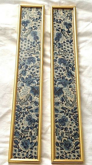 Antique Chinese Embroidered Embroidery Sleeve Panels Pair Framed Flowers