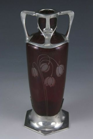 Wmf Style Art Nouveau Jugendstil Vase By Osiris With Red Glass And Pewter Frame