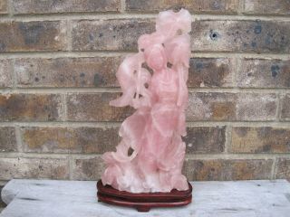 Antique Chinese Carved Rose Quartz Kwan Yin Guanyin Figure Goddess Of Beauty