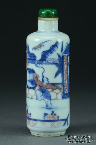 Chinese Blue & White Porcelain Snuff Bottle,  Warriors With Swords,  19th Century