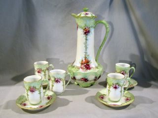 Antique Gda France Limoges Chocolate Pot With Roses - 5 Cups & 4 Saucers