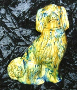 Antique 19th C Bennington Rockingham Yellow Ware Pottery Spaniel Dog Statue