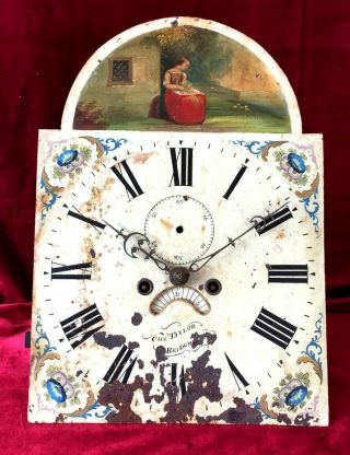 English Antique Hand Painted Arched 8 Day Grandfather Clock Dial Movement