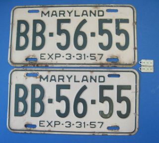 1957 Maryland License Plates Matched Pair With Dav Key Chain Tags
