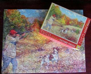 Vtg Tuco Deluxe Jigsaw Puzzle Rifle Man Pheasant Field Hunting Painting Fisher
