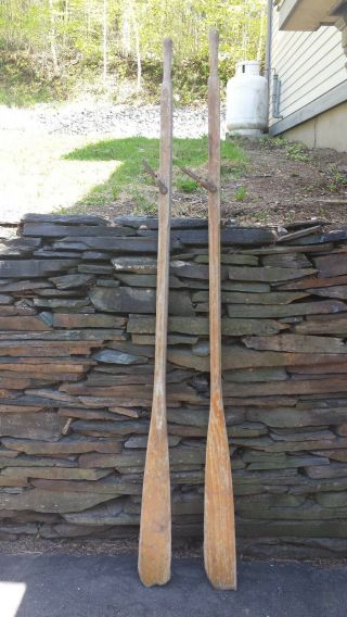 Very Interesting Old Blond Wood Oars 75 " Long Paddles With Oarlocks