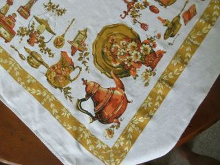 Vintage Copper Tea Pot Kitchen Items Tablecloth Linen Bright Colors Euc