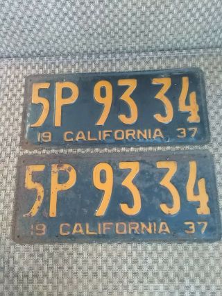 Antique 1937 California License Plates (pair) All Dmv Yom Clear