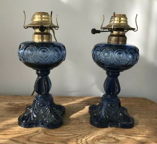 Eapg 19th Century Cobalt Blue Bulls Eye Oil Lamps Converted To Electric