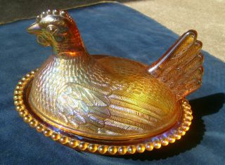 Vintage Indiana Amber Carnival Glass Hen On A Nest Basket Candy Dish