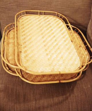 Set Of 2 Vintage Tiki Bamboo Rattan Wicker Tiki Lap Tv Serving Bed Tray 19 X 13