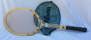 Vintage Jimmy Connors Wilson Champ Wood Tennis Racket,  Strata - Bow,  Head Cover.